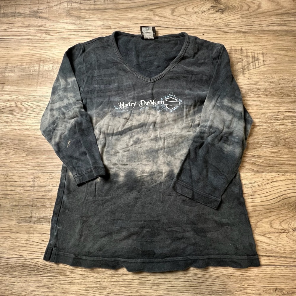Harley-Davidson V-Neck Shirt Womens Medium Black Tie‎ Dye 3/4 Sleeve Graphic Tee